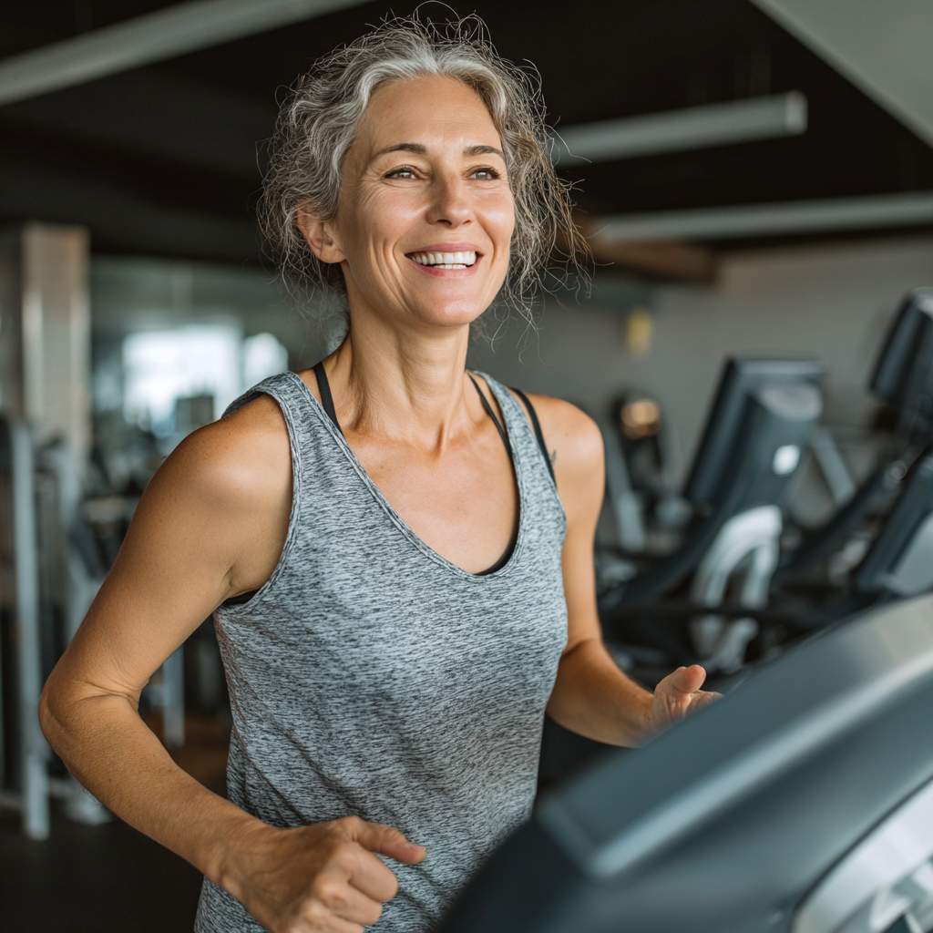 Жена на 52 години прави кардио тренировка на бягаща пътека, изглежда енергична и усмихната