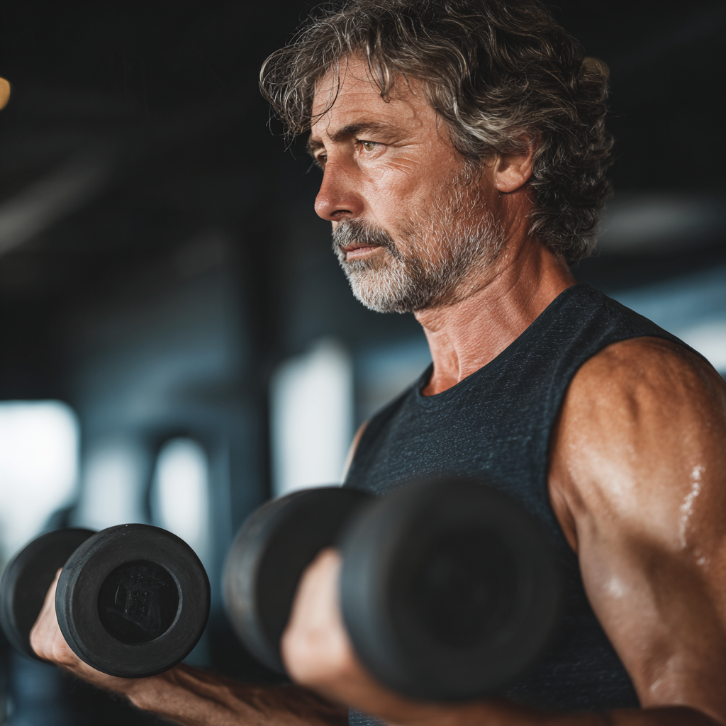 Мъж на 55 години вдига тежести в модерна фитнес зала, показва мускулеста фигура и решителност
