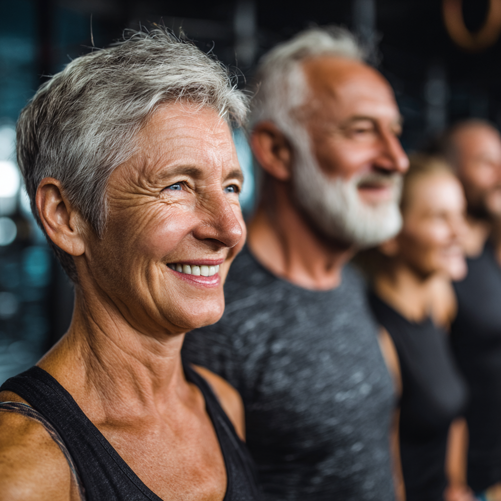 Група от хора в средна възраст 50-60 години правят групова тренировка, изглеждат мотивирани и щастливи